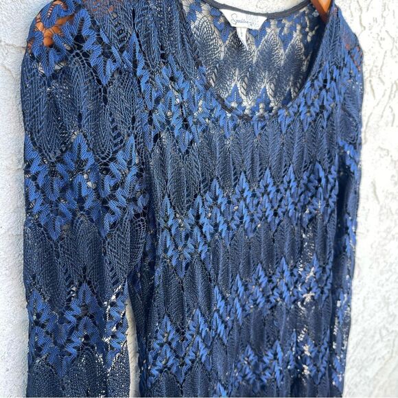 Lace Navy Blue Black Fit & Flare Mini Skater Dress SZ SM Long Sleeve Whimsy Goth - Picture 2 of 7